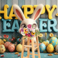 Aperturee - Aperturee Wood Wall Bunny Color Eggs Floral Easter Backdrop