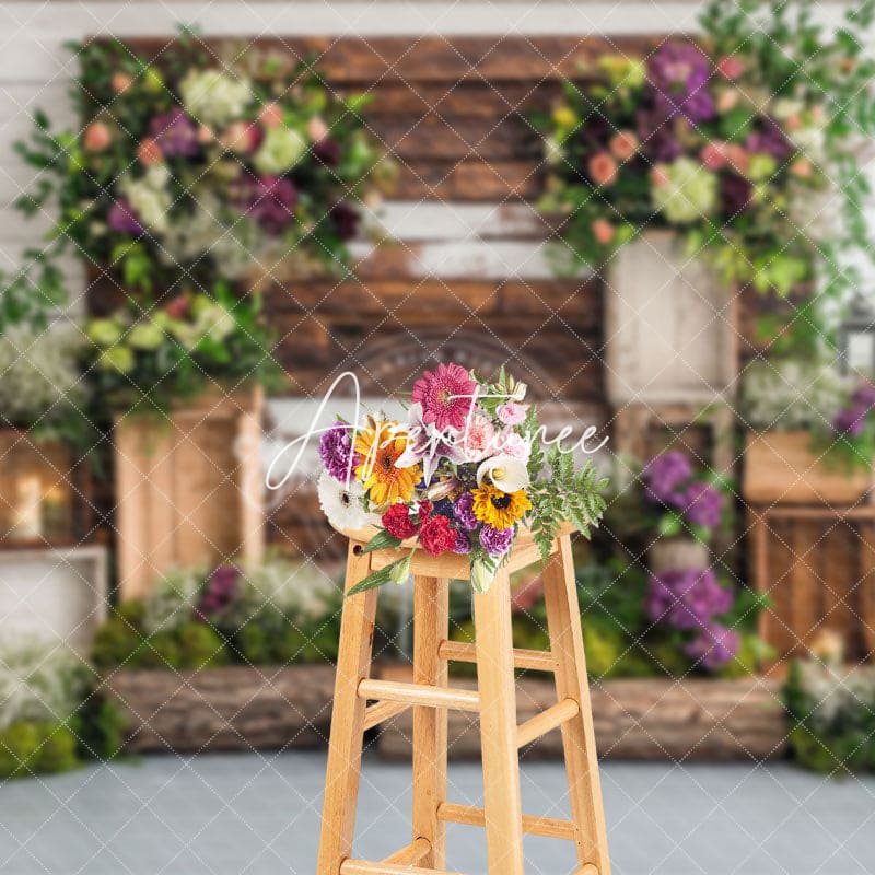 Aperturee - Aperturee Wood Wall Floral Greenery Spring Photography Backdrop