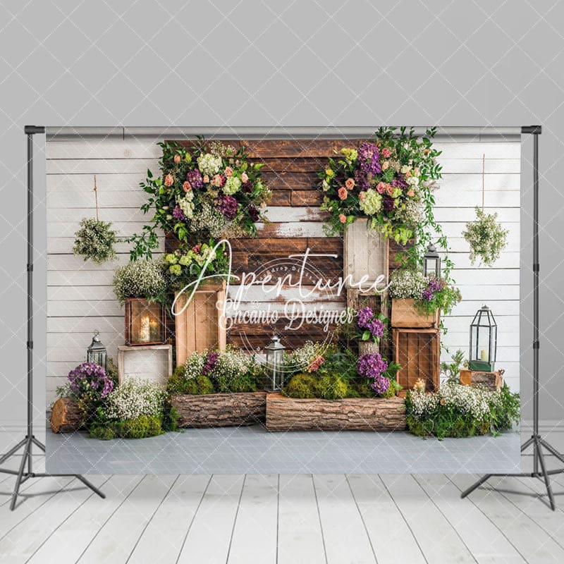 Aperturee - Aperturee Wood Wall Floral Greenery Spring Photography Backdrop