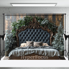 Aperturee - Aperturee Wood Wall Navy Bed Pine Leaves Christmas Backdrop