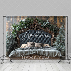 Aperturee - Aperturee Wood Wall Navy Bed Pine Leaves Christmas Backdrop