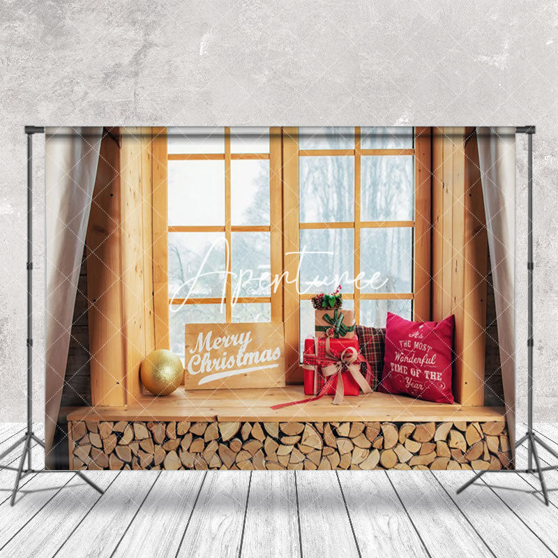 Aperturee - Aperturee Wood Window Gift Winter Forest Christmas Backdrop