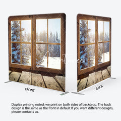 Aperturee - Aperturee Wood Window Pine Tree Scene Square Photo Backdrop