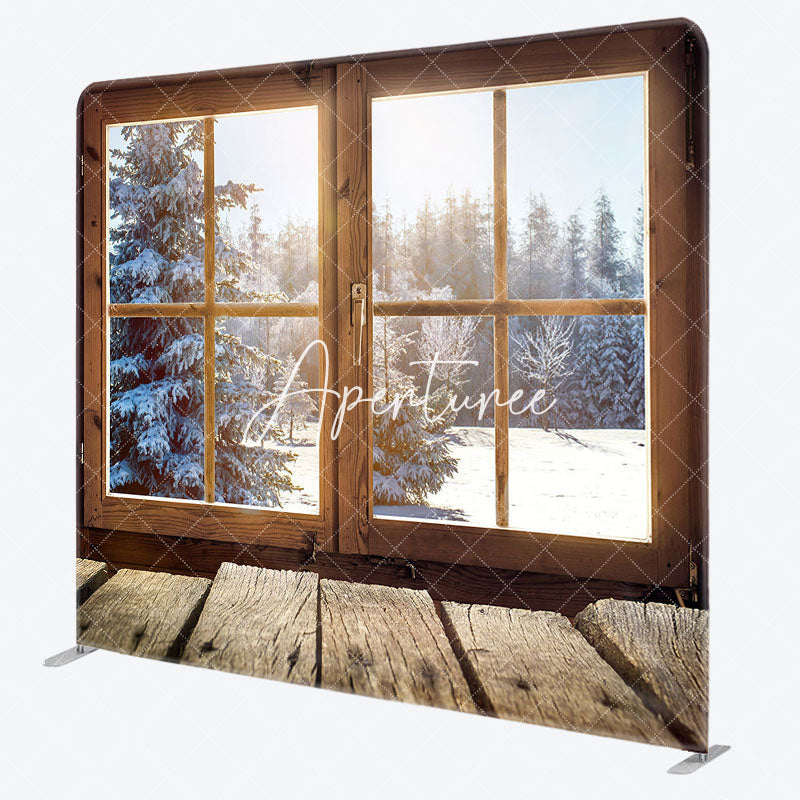 Aperturee - Aperturee Wood Window Pine Tree Scene Square Photo Backdrop