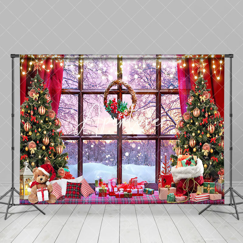 Aperturee - Aperturee Wood Window Sunset Forest Teddy Bear Xmas Backdrop