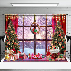 Aperturee - Aperturee Wood Window Sunset Forest Teddy Bear Xmas Backdrop