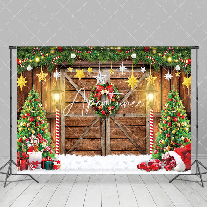 Aperturee - Aperturee Woode Barn Door Trees Festive Christmas Backdrop