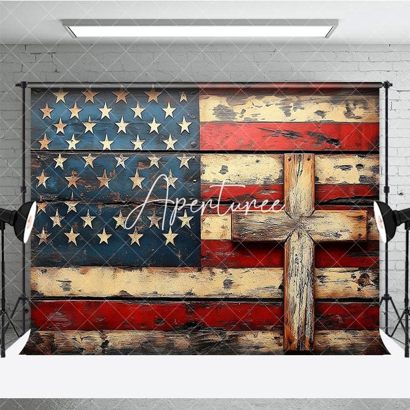 Aperturee - Aperturee Wooden American Flag God In Bless Photography Backdrop