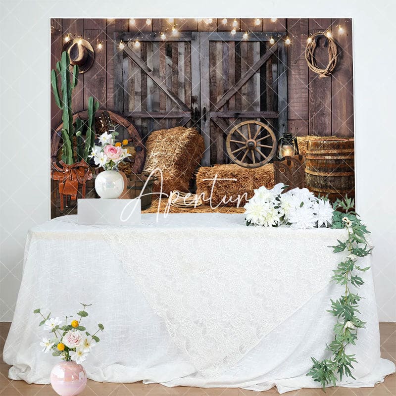 Aperturee - Aperturee Wooden Barn Door Lighted Cowboy Birthday Backdrop