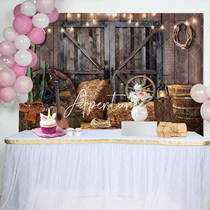 Aperturee - Aperturee Wooden Barn Door Lighted Cowboy Birthday Backdrop