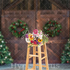 Aperturee - Aperturee Wooden Barn Door Pine Wreath Tree Christmas Backdrop