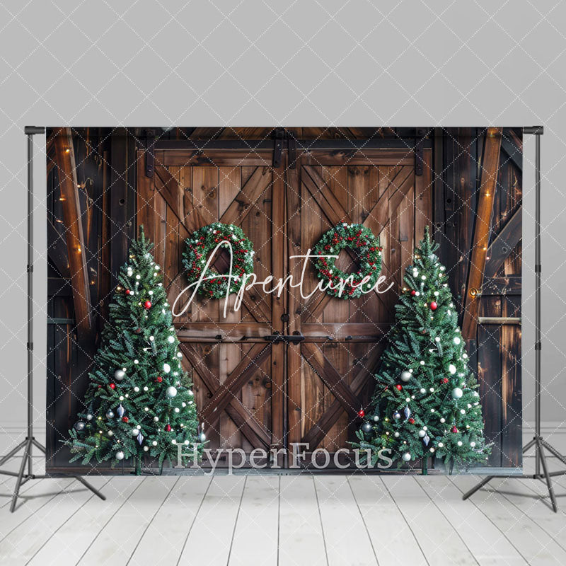 Aperturee - Aperturee Wooden Barn Door Wreath Tree Christmas Photo Backdrop