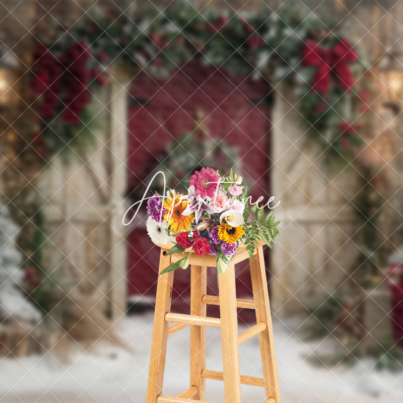 Aperturee - Aperturee Wooden Beige Red Door Xmas Tree Christmas Backdrop