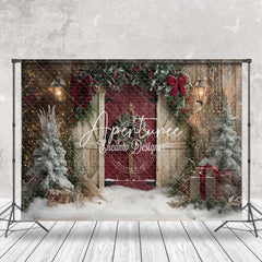 Aperturee - Aperturee Wooden Beige Red Door Xmas Tree Christmas Backdrop