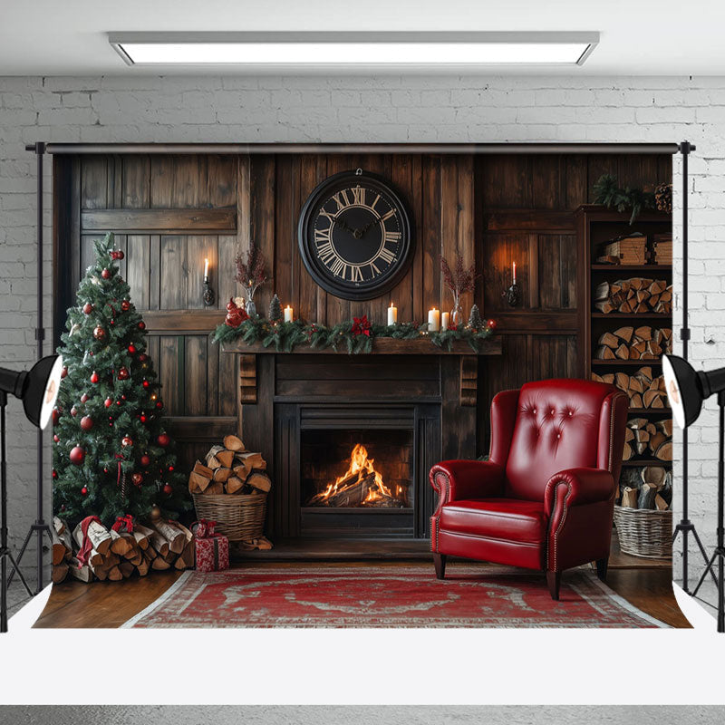 Aperturee - Aperturee Wooden Brown Fireplace Tree Sofa Christmas Backdrop