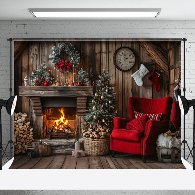 Aperturee - Aperturee Wooden Brown Fireplace Warm Christmas Scene Backdrop