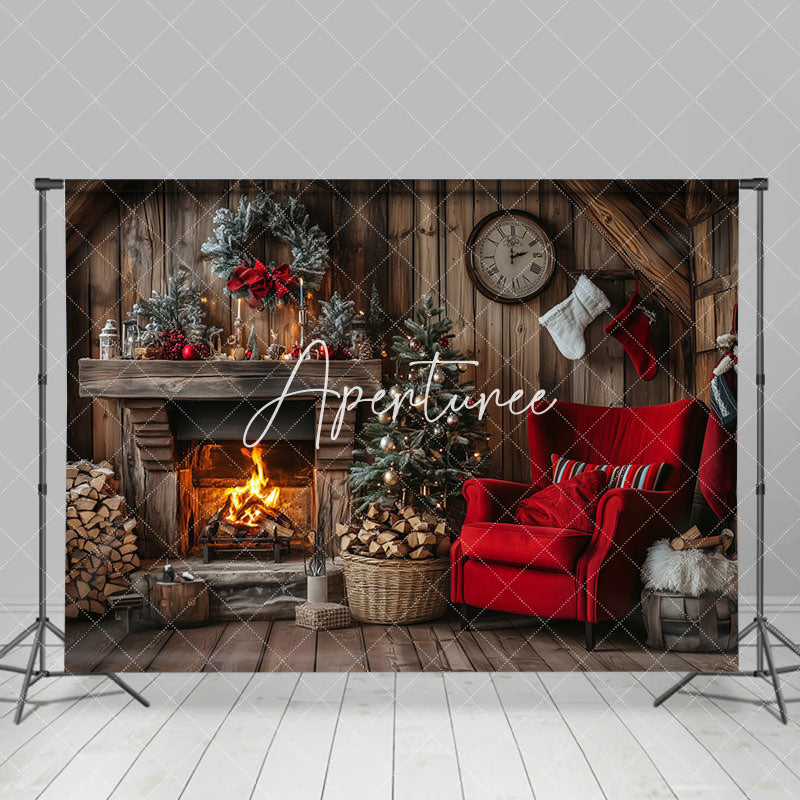 Aperturee - Aperturee Wooden Brown Fireplace Warm Christmas Scene Backdrop