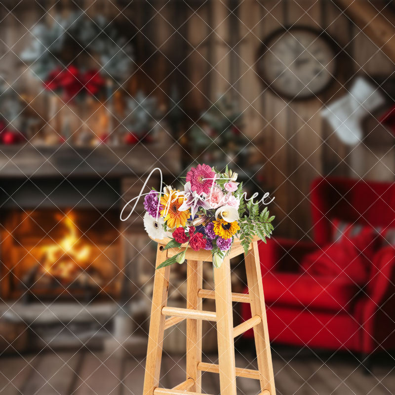 Aperturee - Aperturee Wooden Brown Fireplace Warm Christmas Scene Backdrop