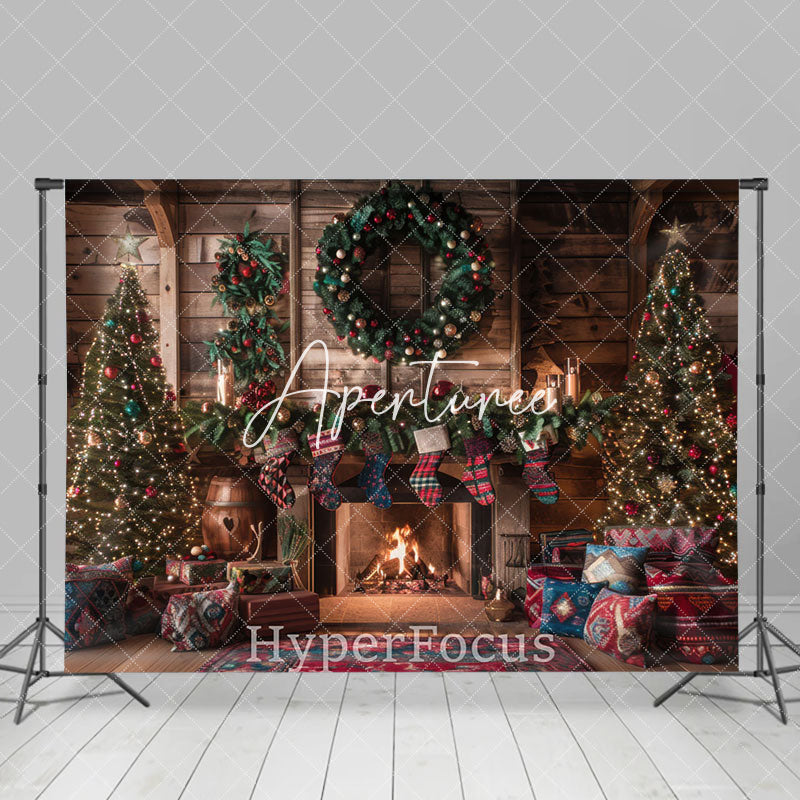 Aperturee - Aperturee Wooden Cabin Trees Fireplace Festive Photo Backdrop