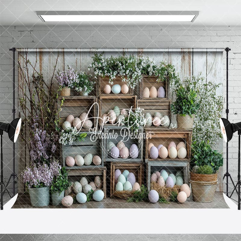 Aperturee - Aperturee Wooden Cabinet Easter Eggs Floral Spring Backdrop