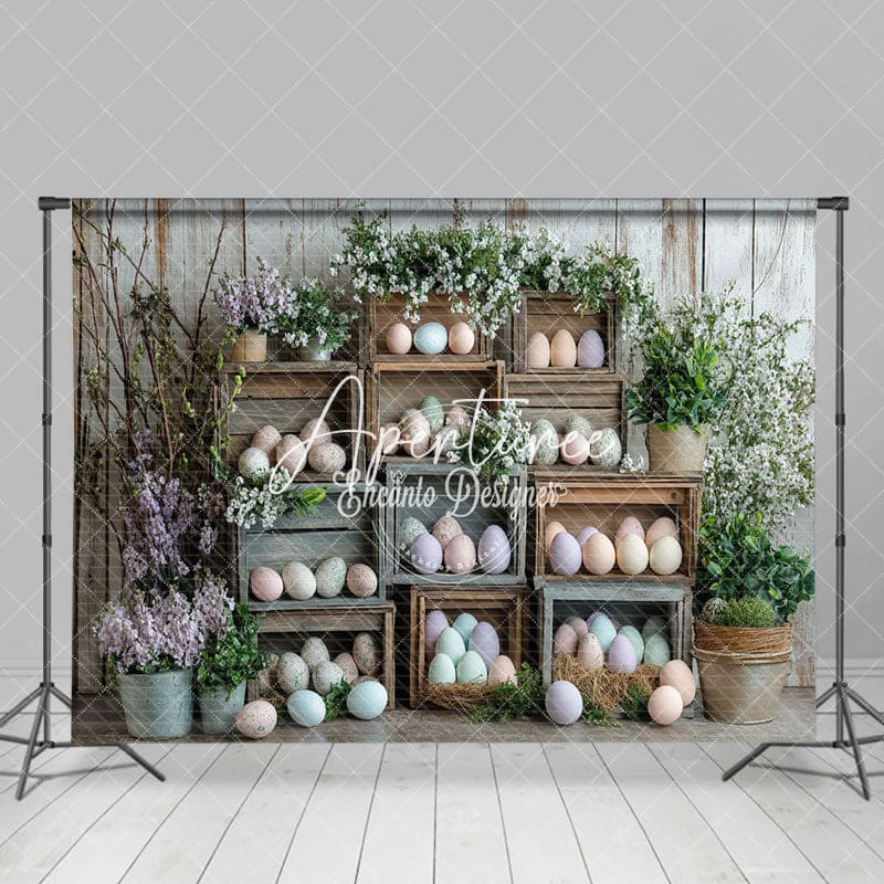 Aperturee - Aperturee Wooden Cabinet Easter Eggs Floral Spring Backdrop