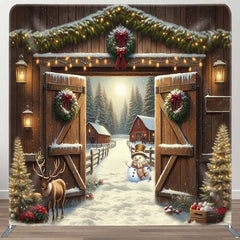 Aperturee - Aperturee Wooden Door Elk Winter Tension Fabric Backdrop