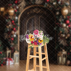 Aperturee - Aperturee Wooden Door Golden Lantern Baubles Christmas Backdrop