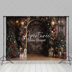 Aperturee - Aperturee Wooden Door Golden Lantern Baubles Christmas Backdrop