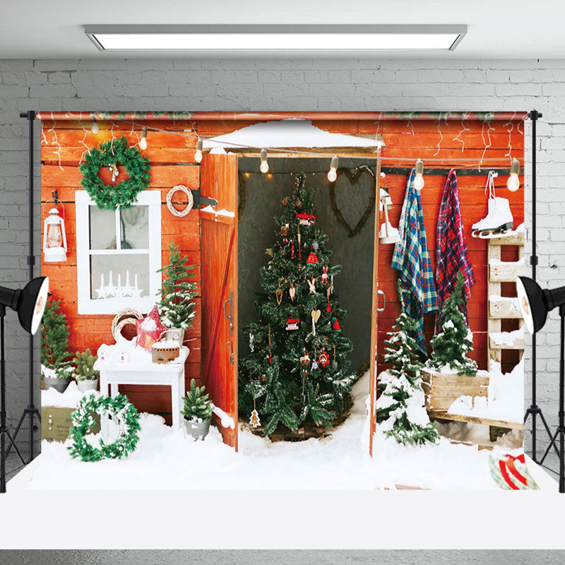 Aperturee - Aperturee Wooden Door Oursode Christmas Tree Snowy Backdrop