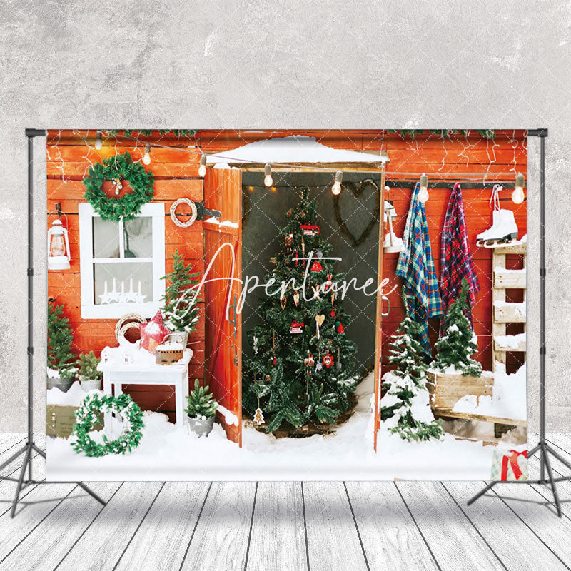 Aperturee - Aperturee Wooden Door Oursode Christmas Tree Snowy Backdrop