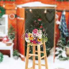 Aperturee - Aperturee Wooden Door Oursode Christmas Tree Snowy Backdrop