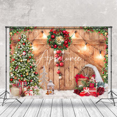 Aperturee - Aperturee Wooden Door Pine Trees Gift Christmas Photo Backdrop