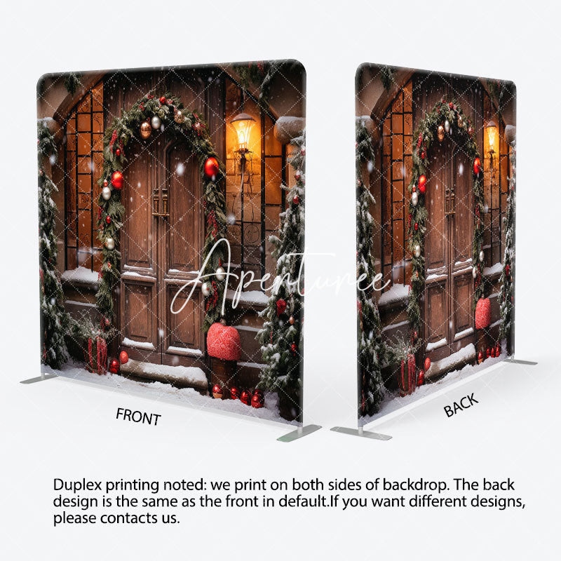 Aperturee - Aperturee Wooden Door Plants Bells Xmas Tension Fabric Backdrop