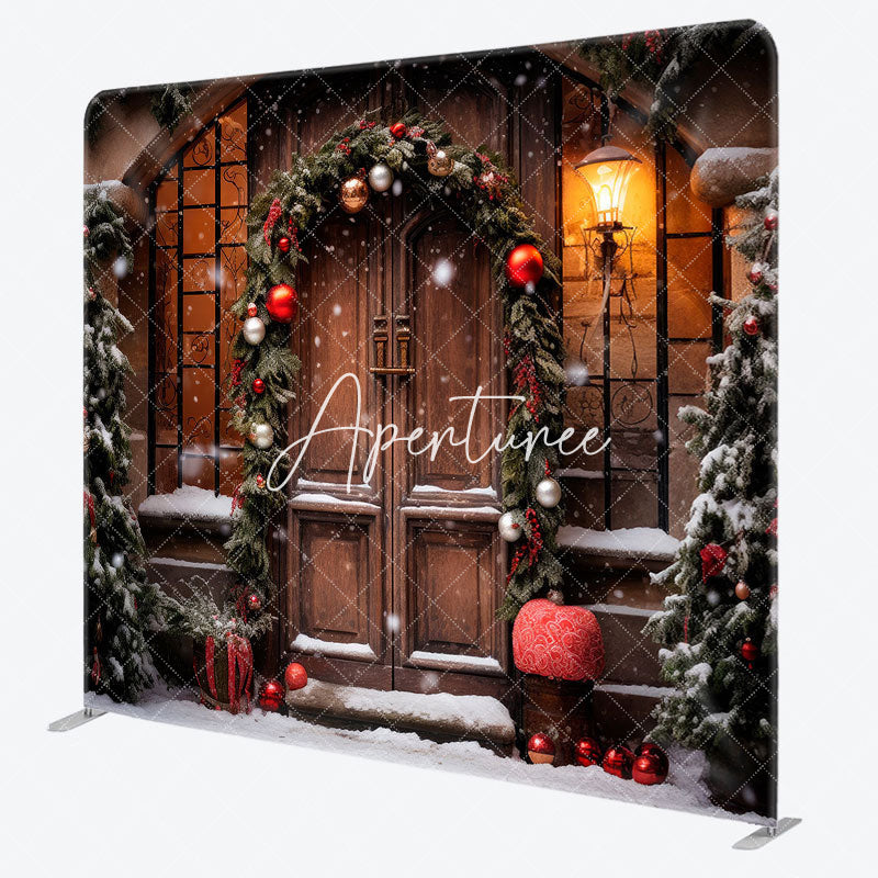 Aperturee - Aperturee Wooden Door Plants Bells Xmas Tension Fabric Backdrop