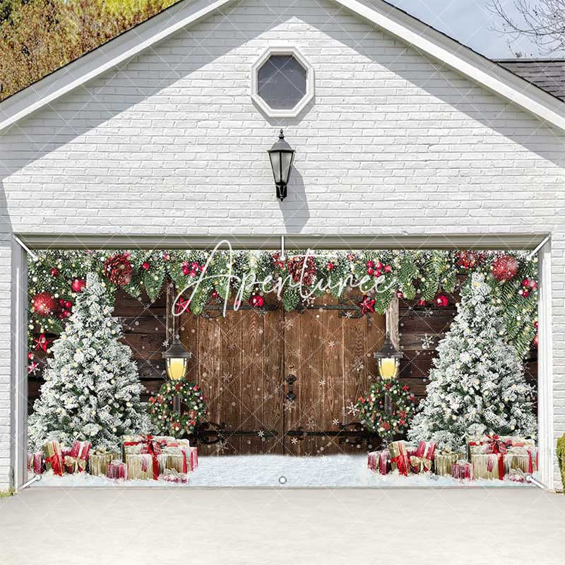 Aperturee - Aperturee Wooden Door Snowy Christmas Vibe Garage Door Banner