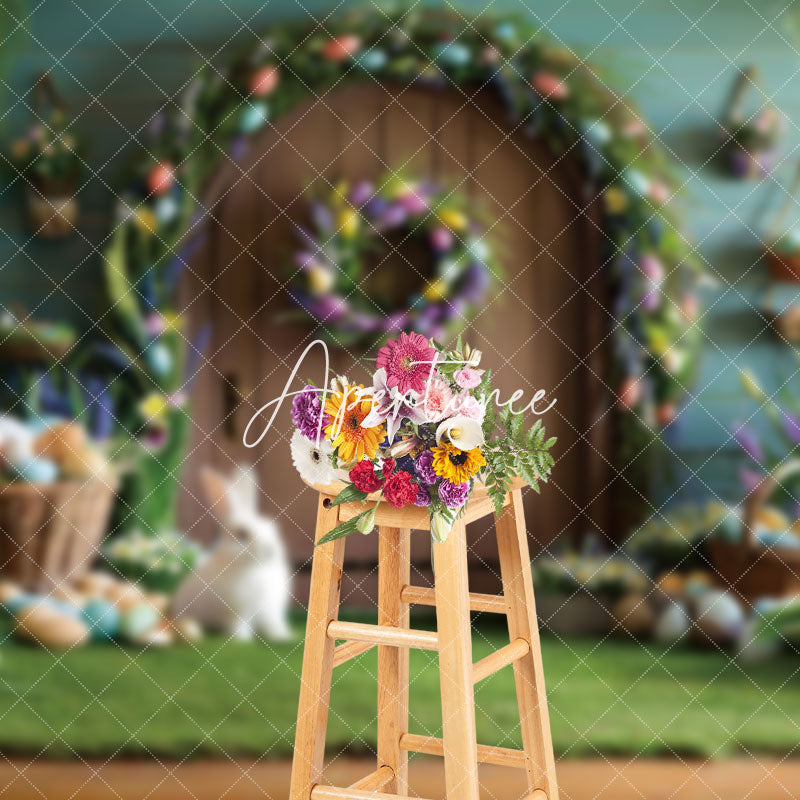 Aperturee - Aperturee Wooden Door Wall Eggs Bunny Easter Photo Backdrop