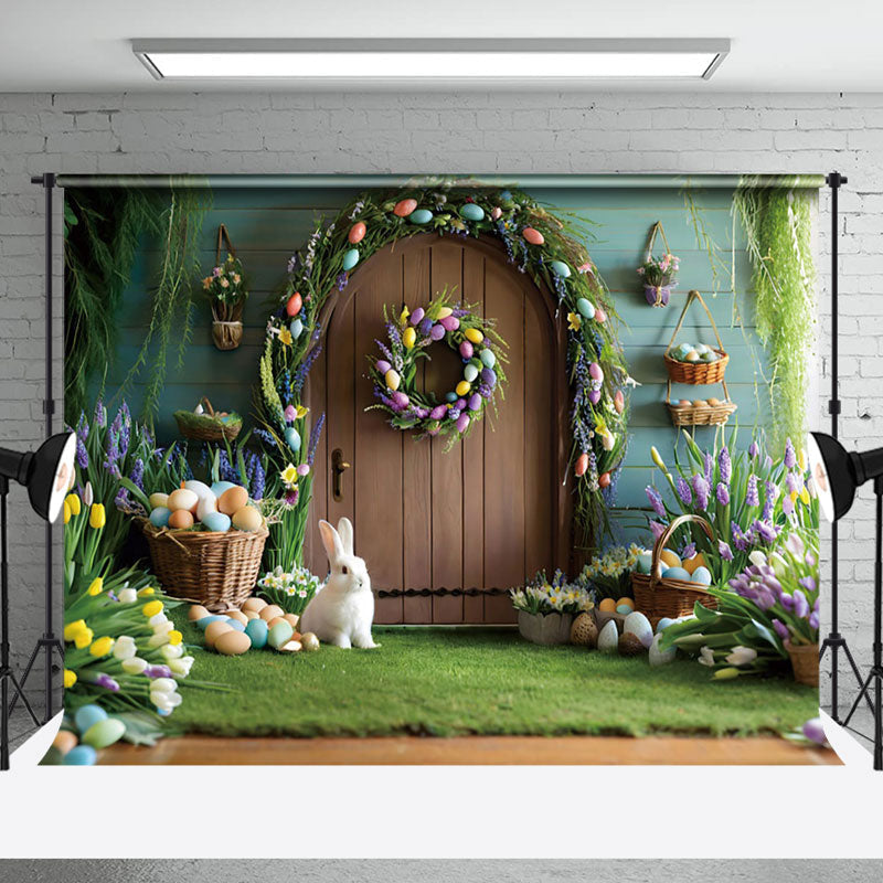 Aperturee - Aperturee Wooden Door Wall Eggs Bunny Easter Photo Backdrop