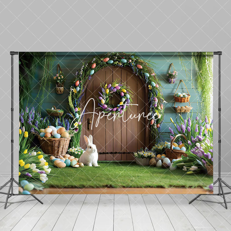 Aperturee - Aperturee Wooden Door Wall Eggs Bunny Easter Photo Backdrop