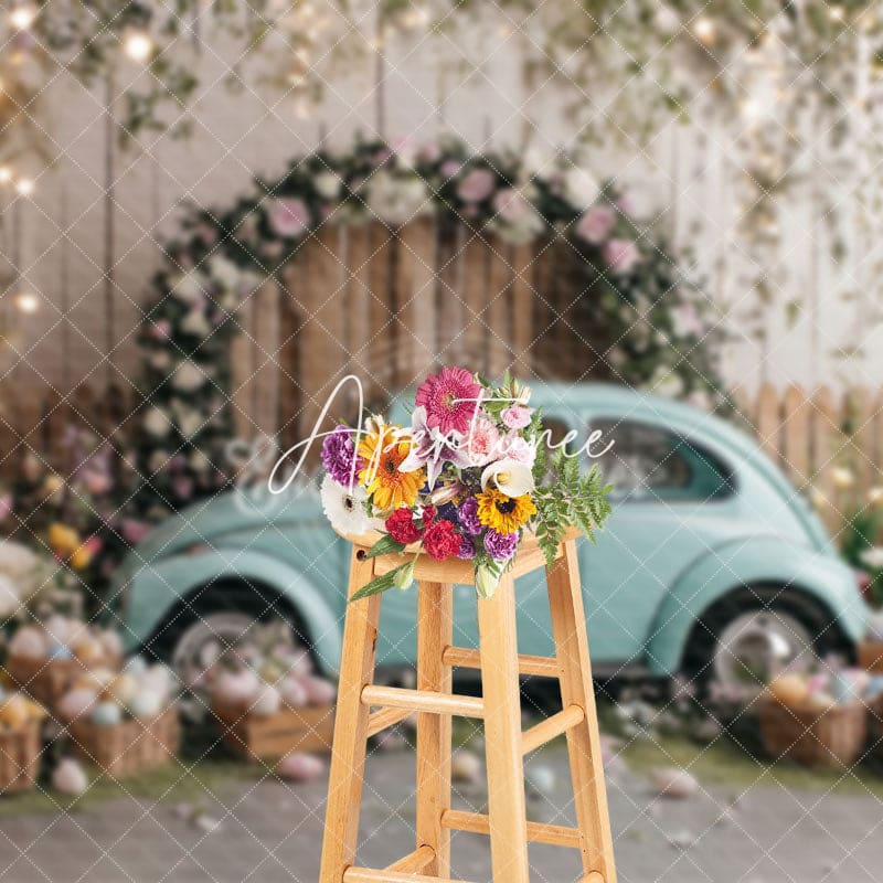 Aperturee - Aperturee Wooden Fence Eggs Blue Car Easter Photo Backdrop