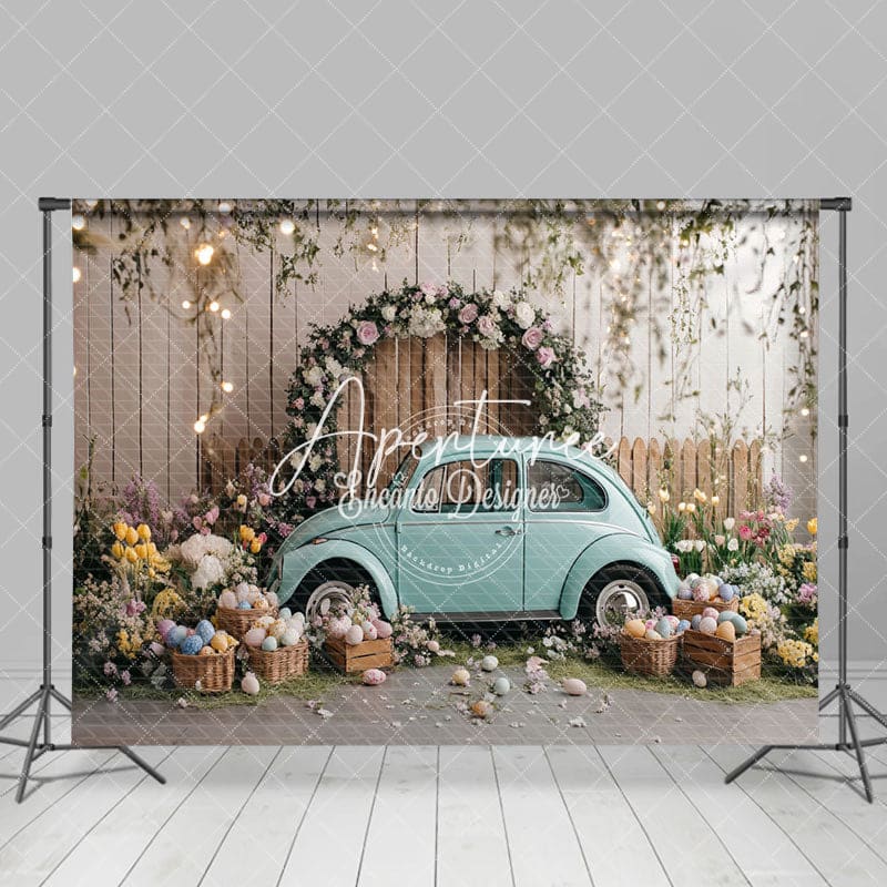 Aperturee - Aperturee Wooden Fence Eggs Blue Car Easter Photo Backdrop