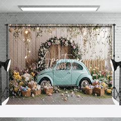 Aperturee - Aperturee Wooden Fence Eggs Blue Car Easter Photo Backdrop