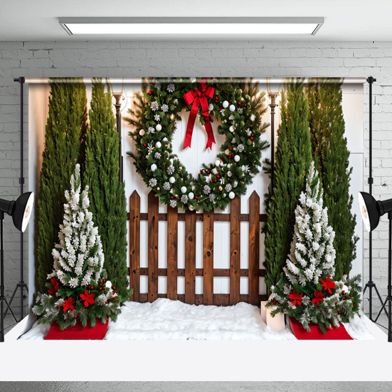 Aperturee - Aperturee Wooden Fence Wreath Christmas Tree Photo Backdrop