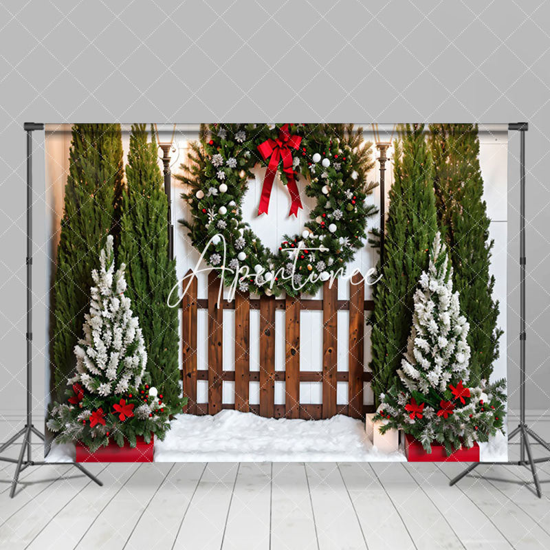 Aperturee - Aperturee Wooden Fence Wreath Christmas Tree Photo Backdrop