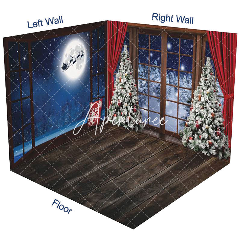 Aperturee - Aperturee Wooden Floor Christmas Window Scene Room Set Backdrop