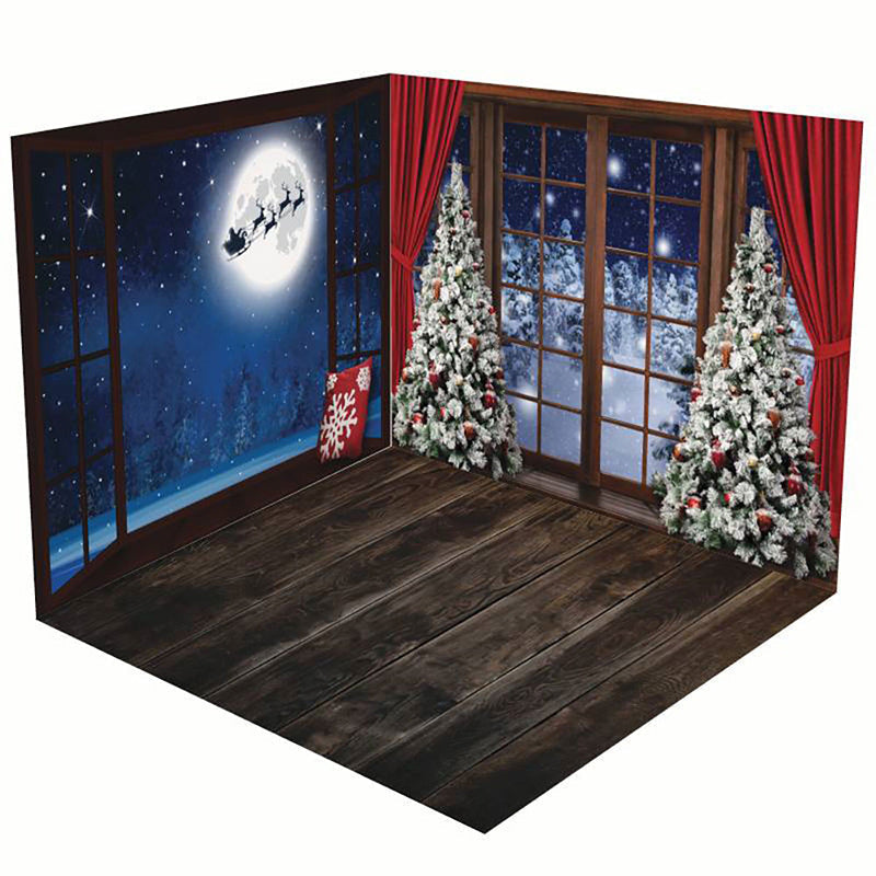 Aperturee - Aperturee Wooden Floor Christmas Window Scene Room Set Backdrop