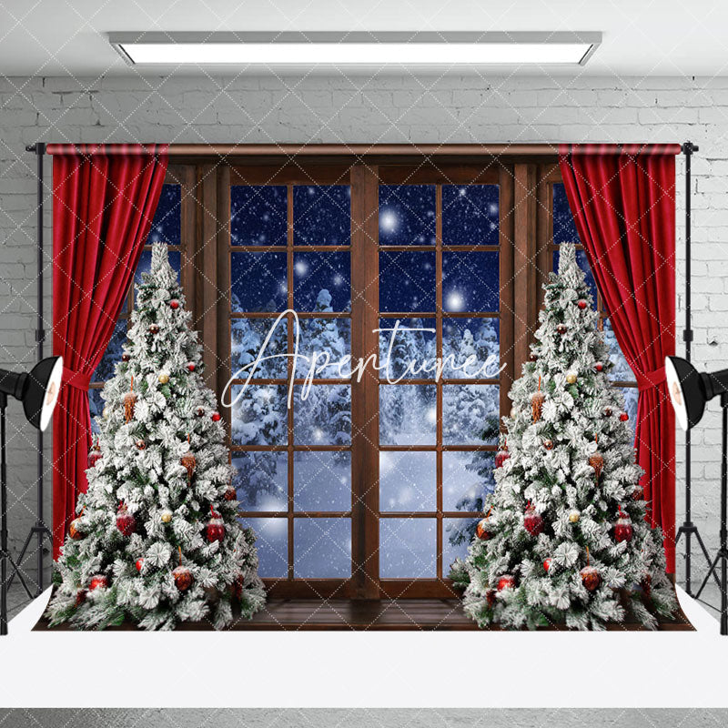 Aperturee - Aperturee Wooden Floor Christmas Window Scene Room Set Backdrop