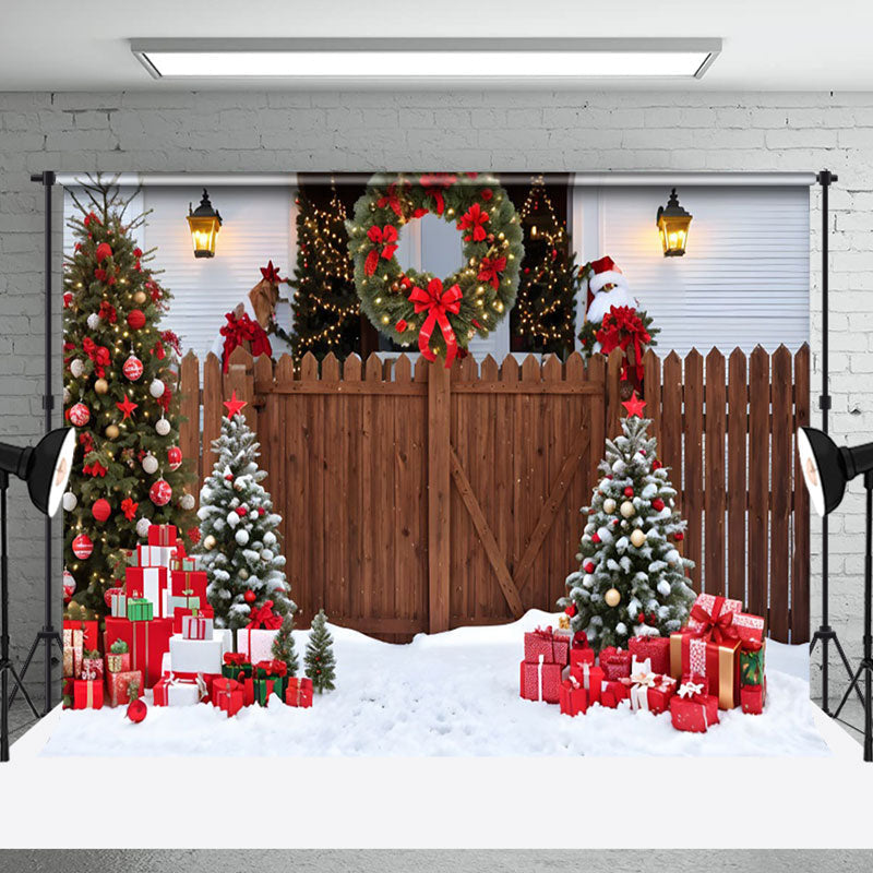 Aperturee - Aperturee Wooden Garden Fence Snowy Scene Christmas Backdrop