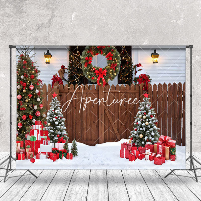 Aperturee - Aperturee Wooden Garden Fence Snowy Scene Christmas Backdrop