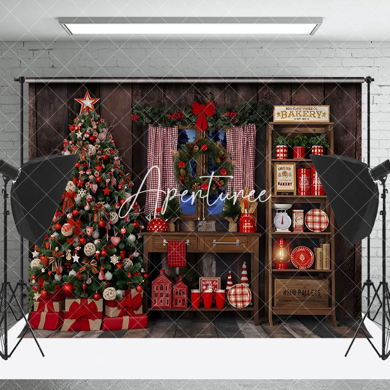 Aperturee - Aperturee Wooden House Bakery Christmas Tree Photo Backdrop