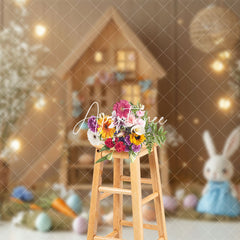 Aperturee - Aperturee Wooden House Bunny Eggs Floral Easter Photo Backdrop